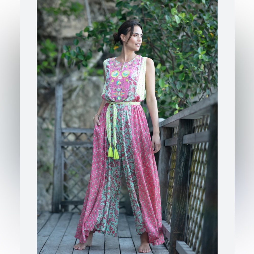 Miss June Paris Calluna Chic Floral Jumpsuit in Pink and Turquoise sequins